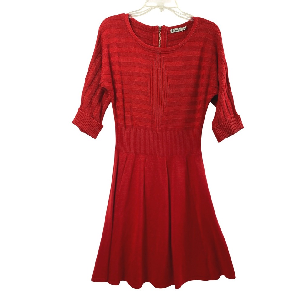 Eliza J Sweater Dress Womens Large Red Knit Fit Flare 3/4 Sleeve Office Holiday